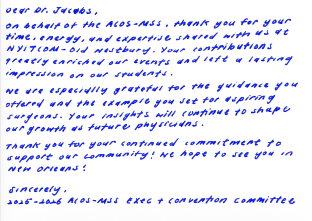 A thank you card from the 2025-2026 ACOS-MSS convention committee